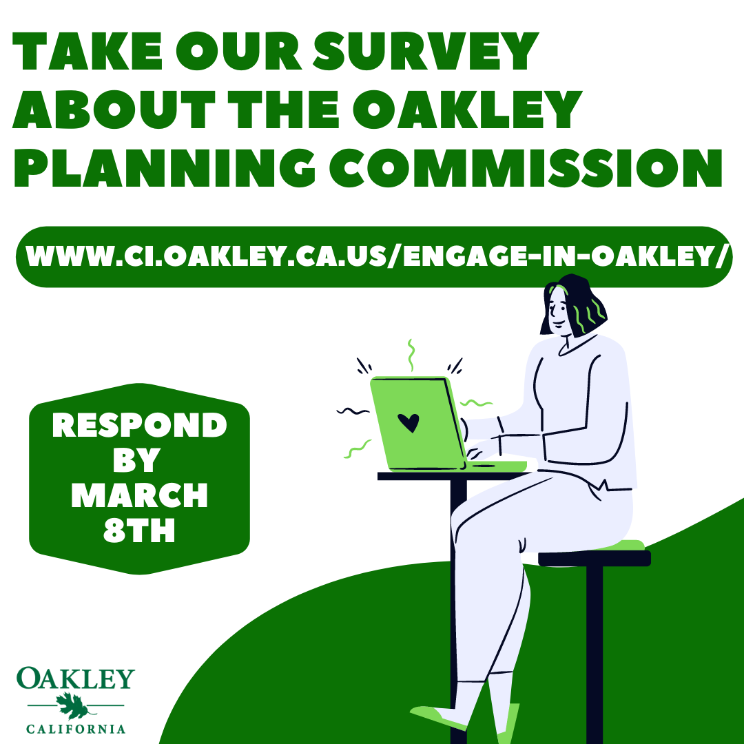 Take Planning Commission Survey. Photo shows a person at a table with their computer open. Text reads Take our survey about the Oakley Planning Commission Respond by March 8