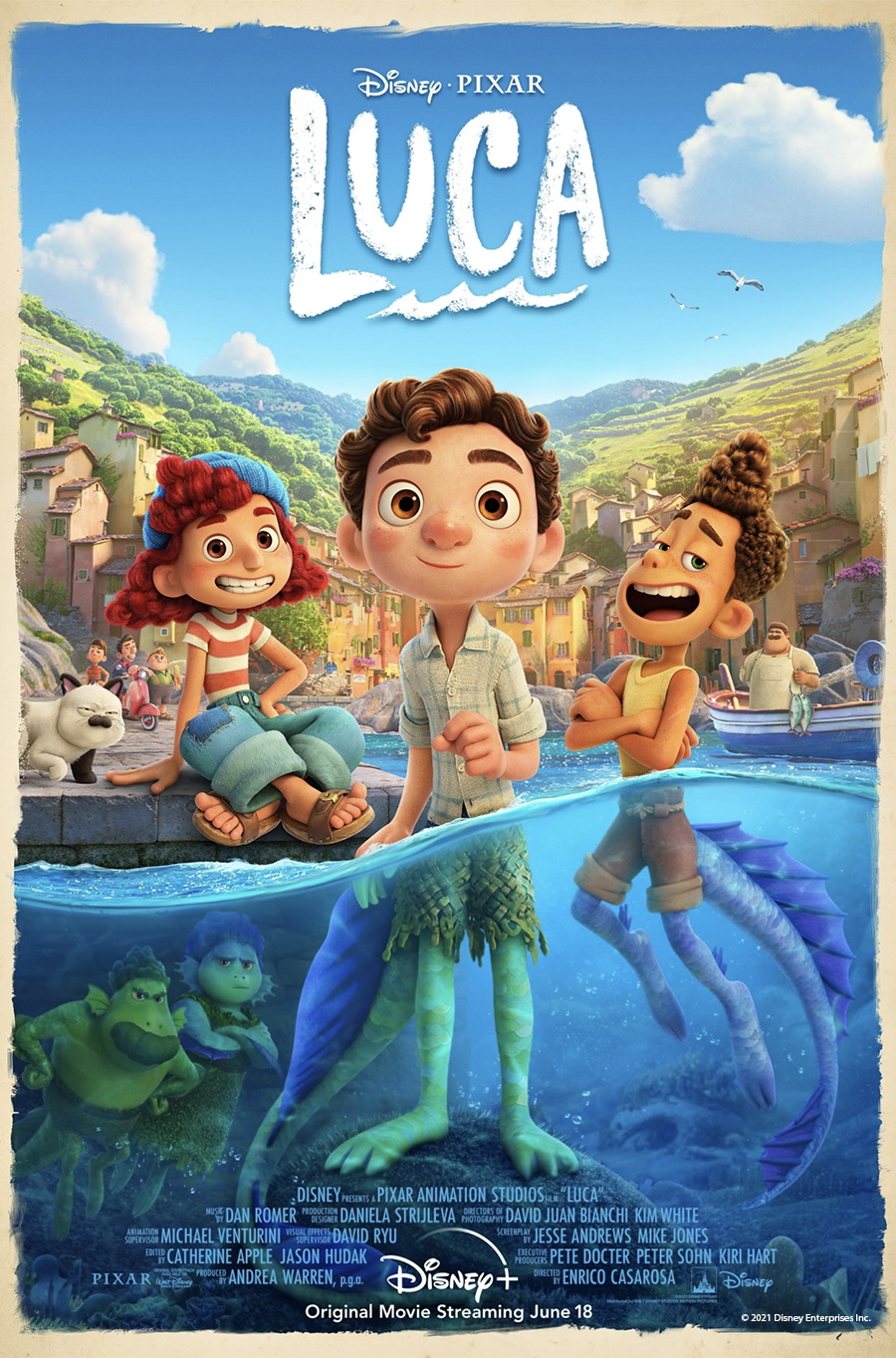movie poster for Luca film. Children in water with sea creature features.